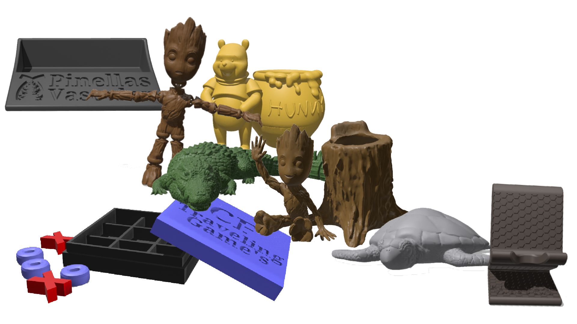 3D printed models including Groot, turtle, and custom tray